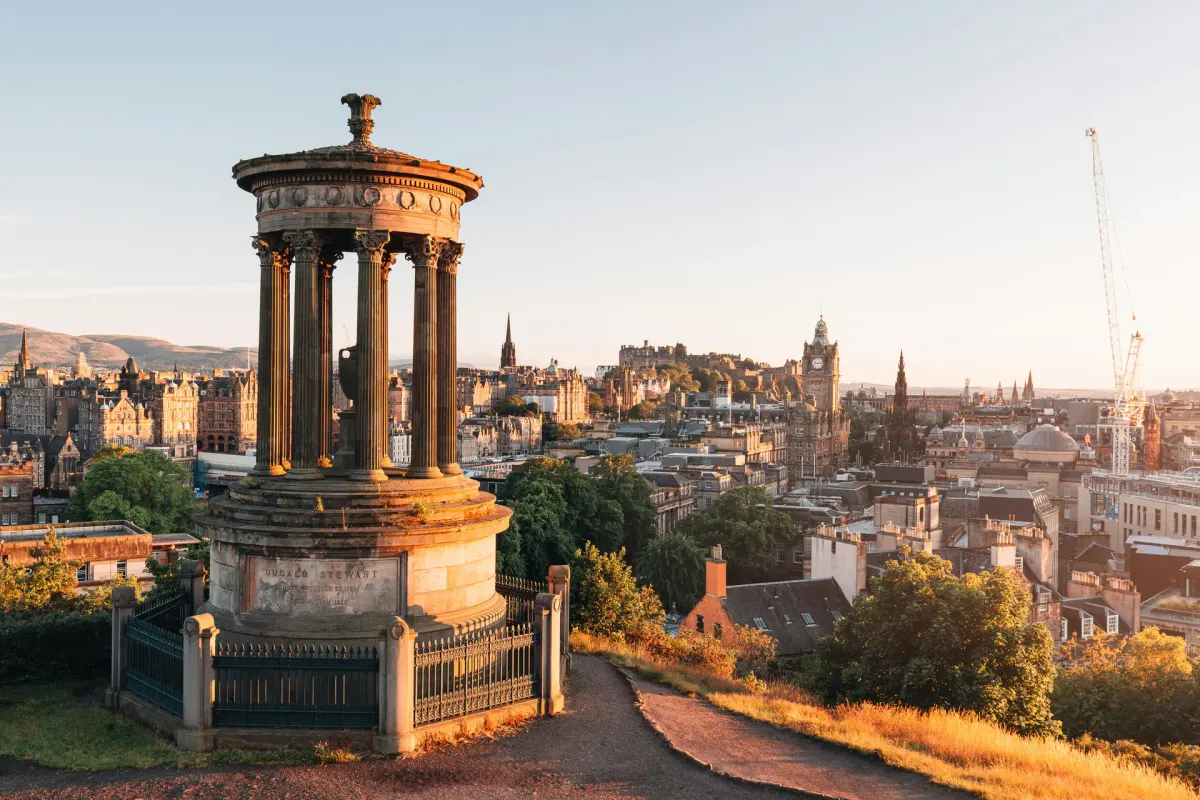 The columns of the Dugald Stewart Monument overlooking Edinburgh from Calton Hill